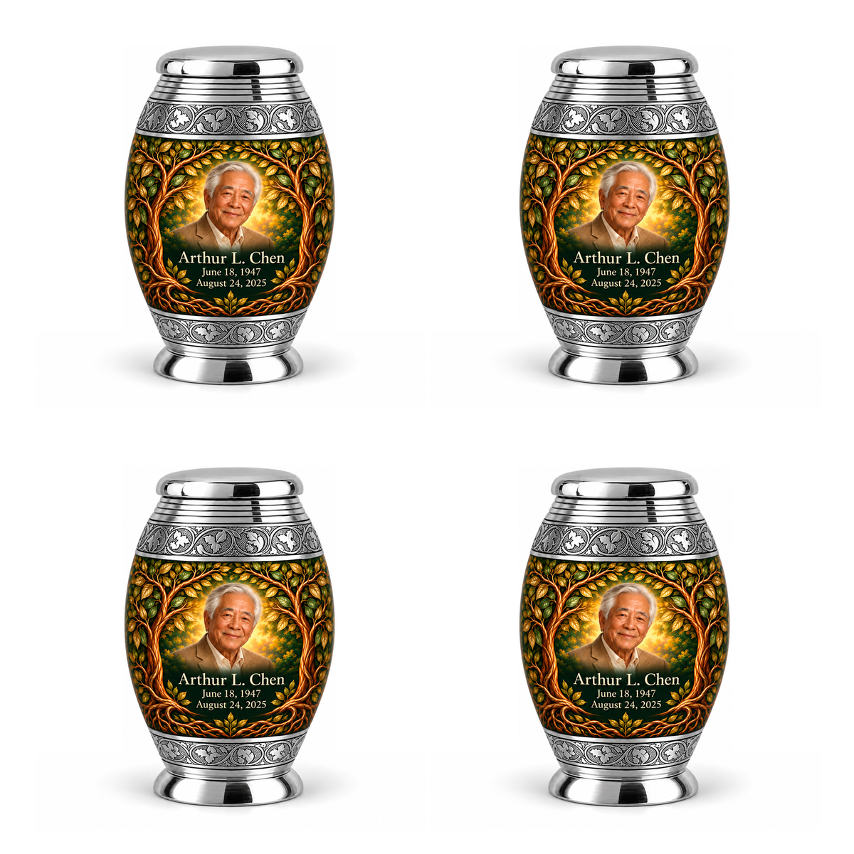 Personalized Tree of Life Monar urn, 4 Keepsake 3 inch Urns; fictional portrait example