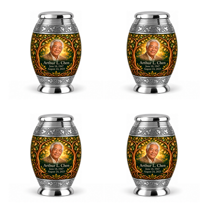Personalized Tree of Life Monar urn, 4 Keepsake 3 inch Urns; fictional portrait example