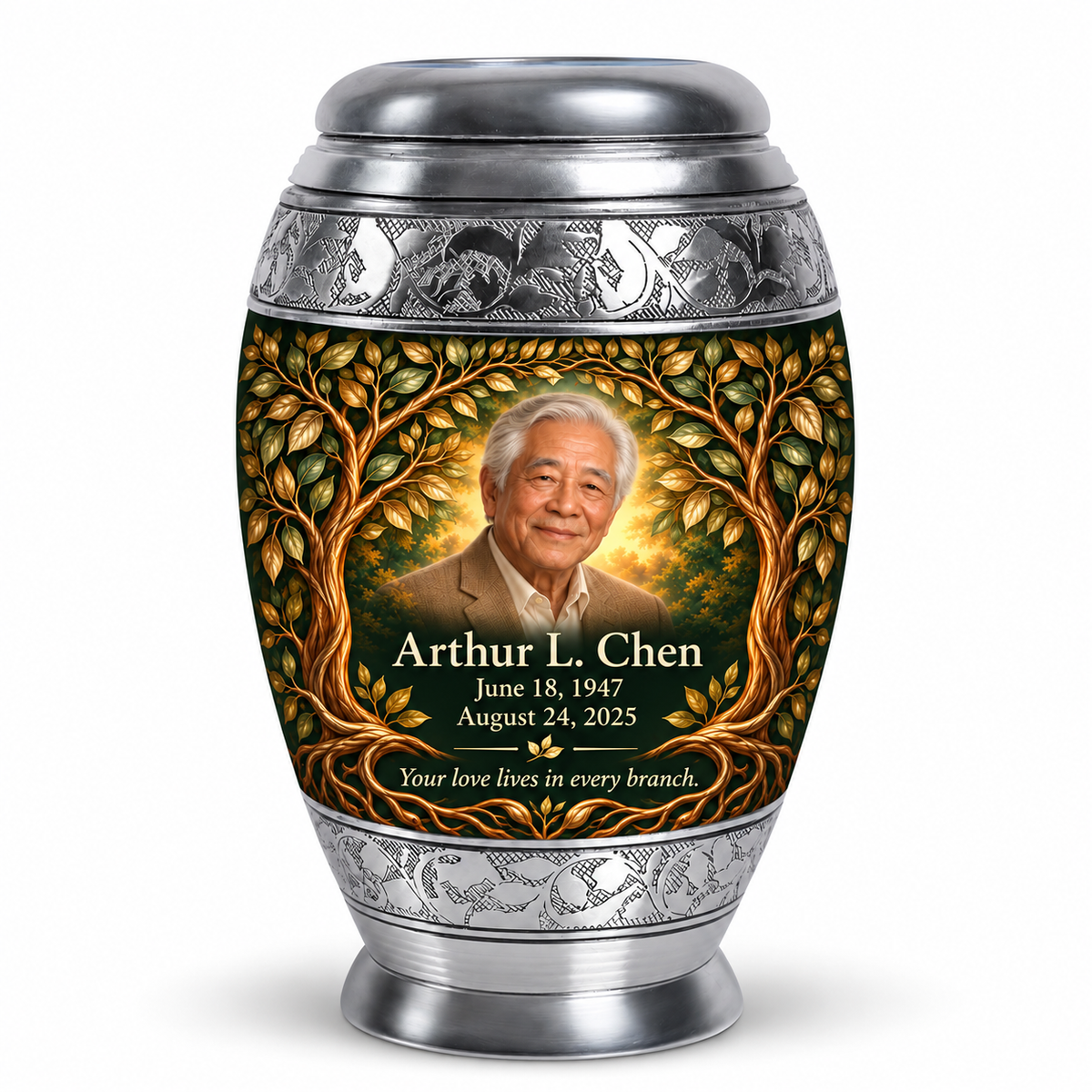 Personalized Tree of Life Monar urn, 10 inch large Urn; fictional portrait example