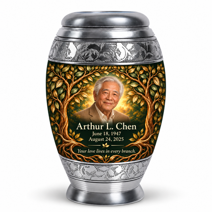 Personalized Tree of Life Monar urn, 10 inch large Urn; fictional portrait example