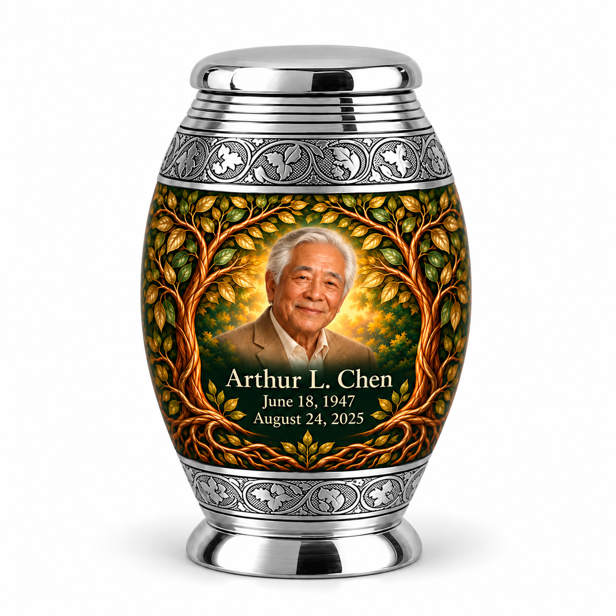 Personalized Tree of Life Monar urn, 1 Keepsake 3 inch Urn; fictional portrait example