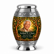 Personalized Tree of Life Monar urn, 1 Keepsake 3 inch Urn; fictional portrait example