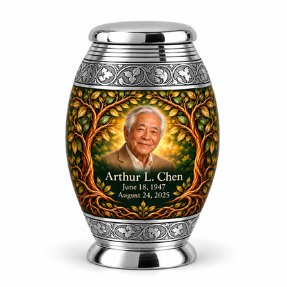 Personalized Tree of Life Monar urn, 1 Keepsake 3 inch Urn; fictional portrait example