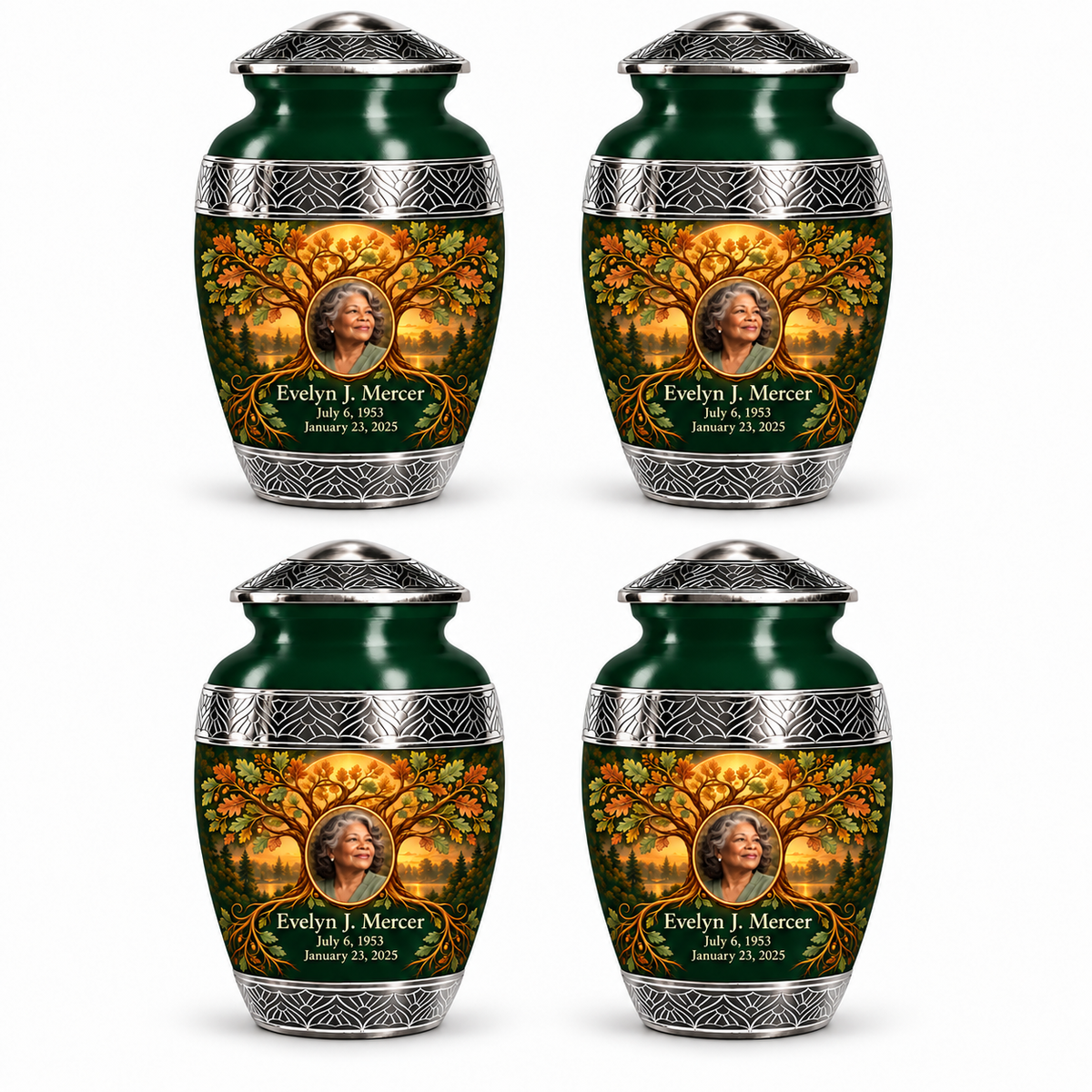 Personalized Tree of Life Premium Classic urn, 4 Keepsake 3 inch Urns; fictional portrait example