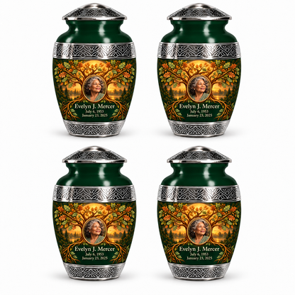 Personalized Tree of Life Premium Classic urn, 4 Keepsake 3 inch Urns; fictional portrait example