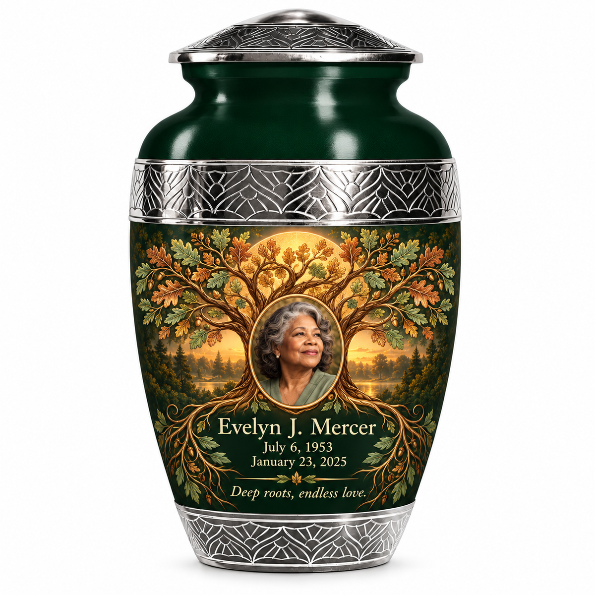 Personalized Tree of Life Premium Classic urn, 10 inch large Urn; fictional portrait example
