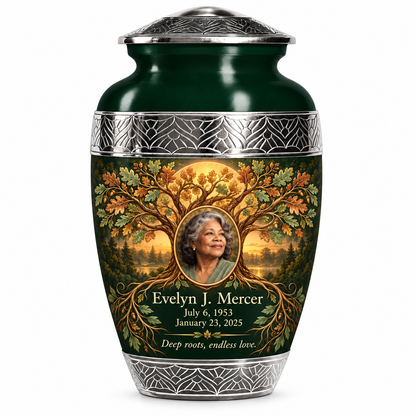 Personalized Tree of Life Premium Classic urn, 10 inch large Urn; fictional portrait example