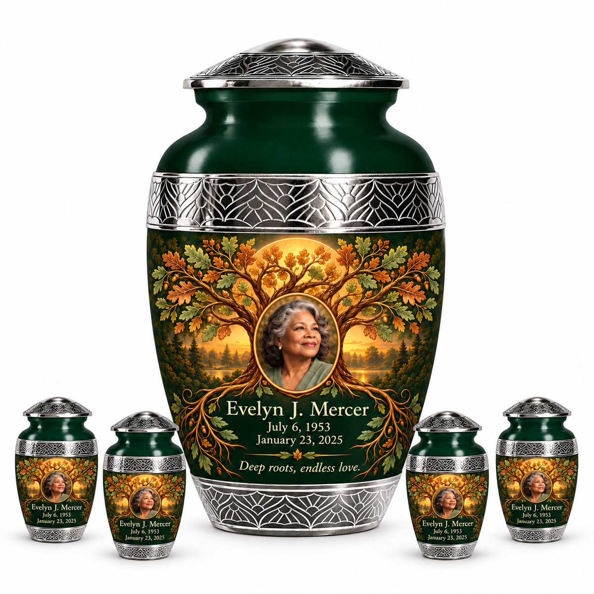 Personalized Tree of Life Premium Classic urn, 10 inch large Urn with 4 Keepsake 3 Inch Urns; fictional portrait example