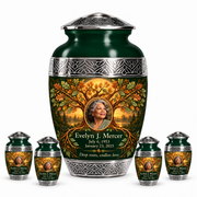 Personalized Tree of Life Premium Classic urn, 10 inch large Urn with 4 Keepsake 3 Inch Urns; fictional portrait example
