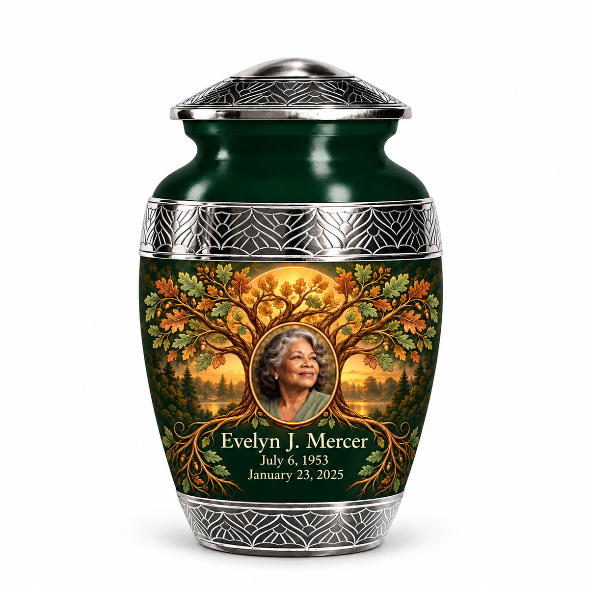 Personalized Tree of Life Premium Classic urn, 1 Keepsake 3 inch Urn; fictional portrait example