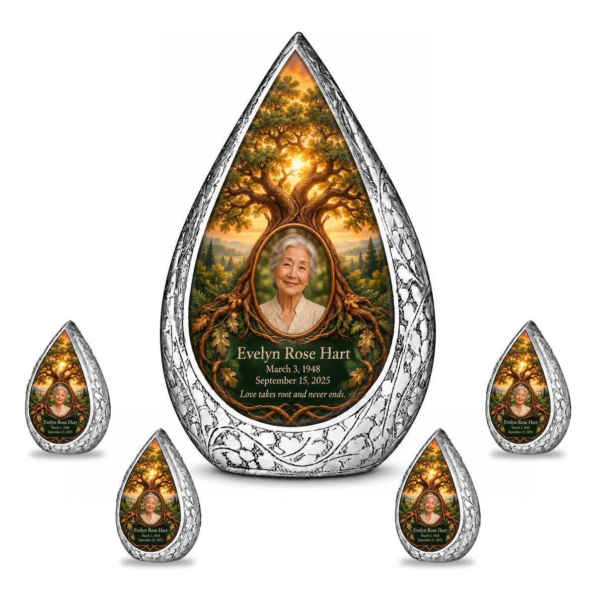 Personalized Tree of Life Straight Drop urn, 10 inch large Urn with 4 Keepsake 3 Inch Urns; matching example portrait and full memorial dates