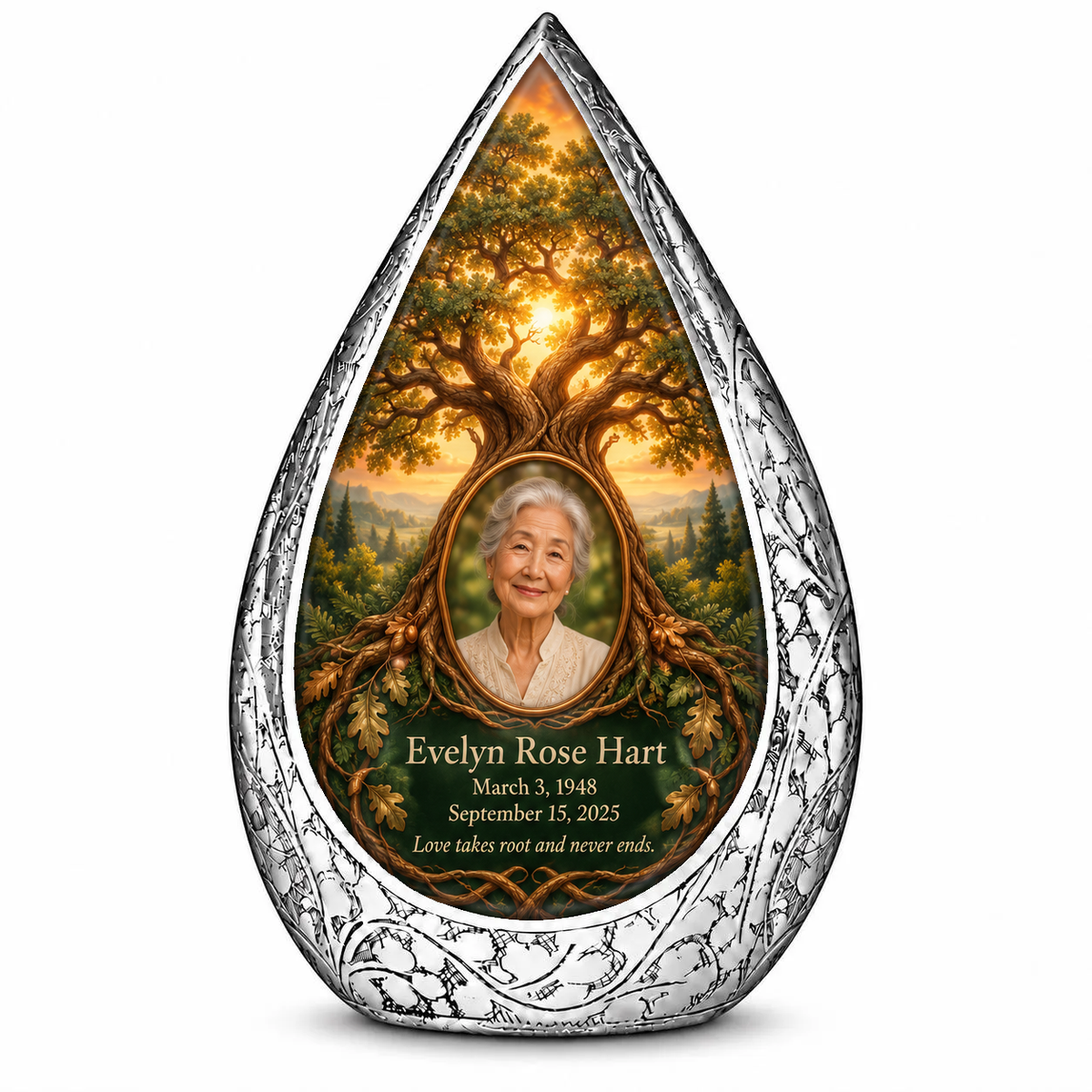 Personalized Tree of Life Straight Drop urn, 10 inch large Urn; matching example portrait and full memorial dates