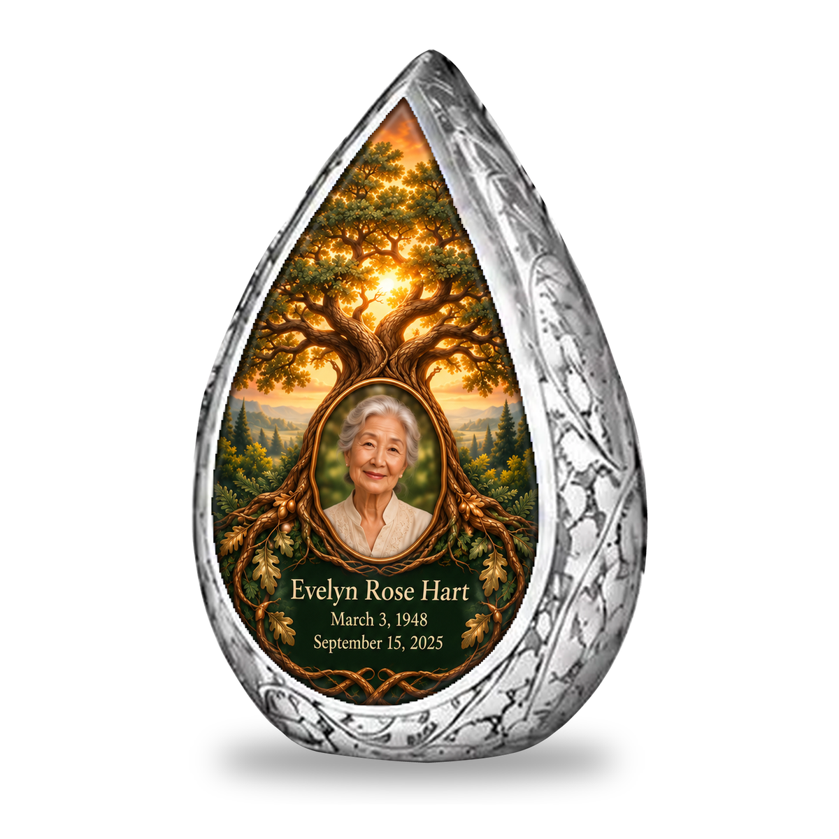 Personalized Tree of Life Straight Drop urn, 1 Keepsake 3 inch Urn; matching example portrait and full memorial dates