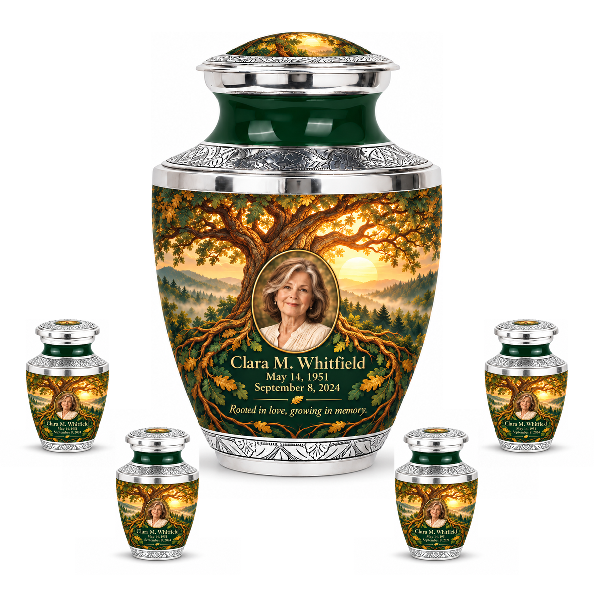 Personalized Tree of Life Tasty urn, 10 inch large Urn with 4 Keepsake 3 Inch Urns; matching example portrait and full memorial dates
