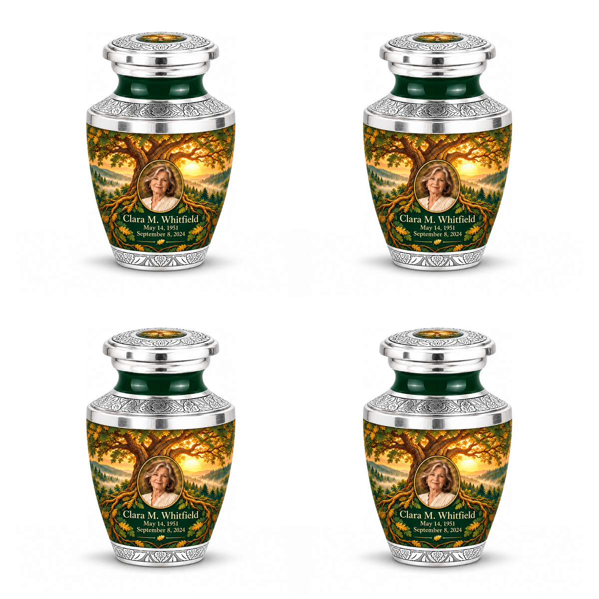 Personalized Tree of Life Tasty urn, 4 Keepsake 3 inch Urns; matching example portrait and full memorial dates