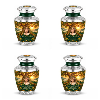 Personalized Tree of Life Tasty urn, 4 Keepsake 3 inch Urns; matching example portrait and full memorial dates
