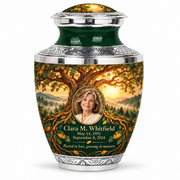 Personalized Tree of Life Tasty urn, 10 inch large Urn; matching example portrait and full memorial dates