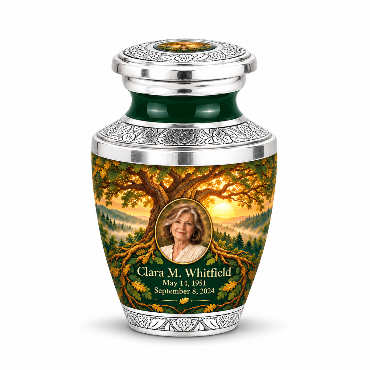 Personalized Tree of Life Tasty urn, 1 Keepsake 3 inch Urn; matching example portrait and full memorial dates