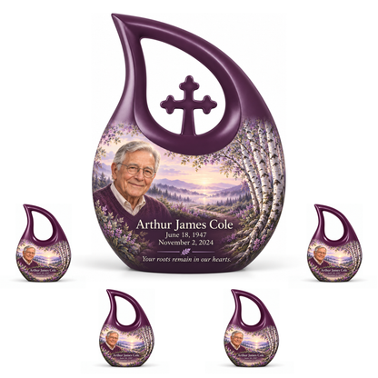 Personalized Tree of Life Cross Drop urn, 10 inch large Urn with 4 Keepsake 3 Inch Urns; matching example portrait and full memorial dates
