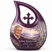 Personalized lavender birch Tree of Life Cross Drop urn, 10 inch large Urn; fictional portrait example