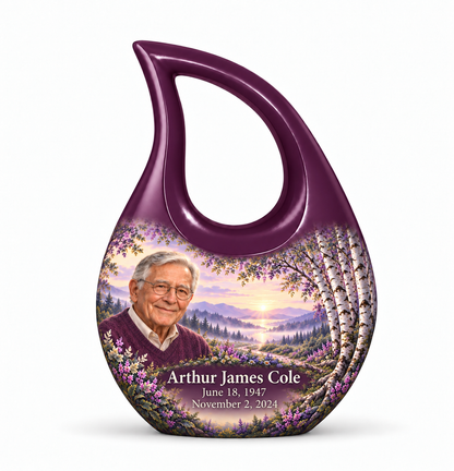 Personalized Tree of Life Cross Drop urn, 1 Keepsake 3 inch Urn; matching example portrait and full memorial dates