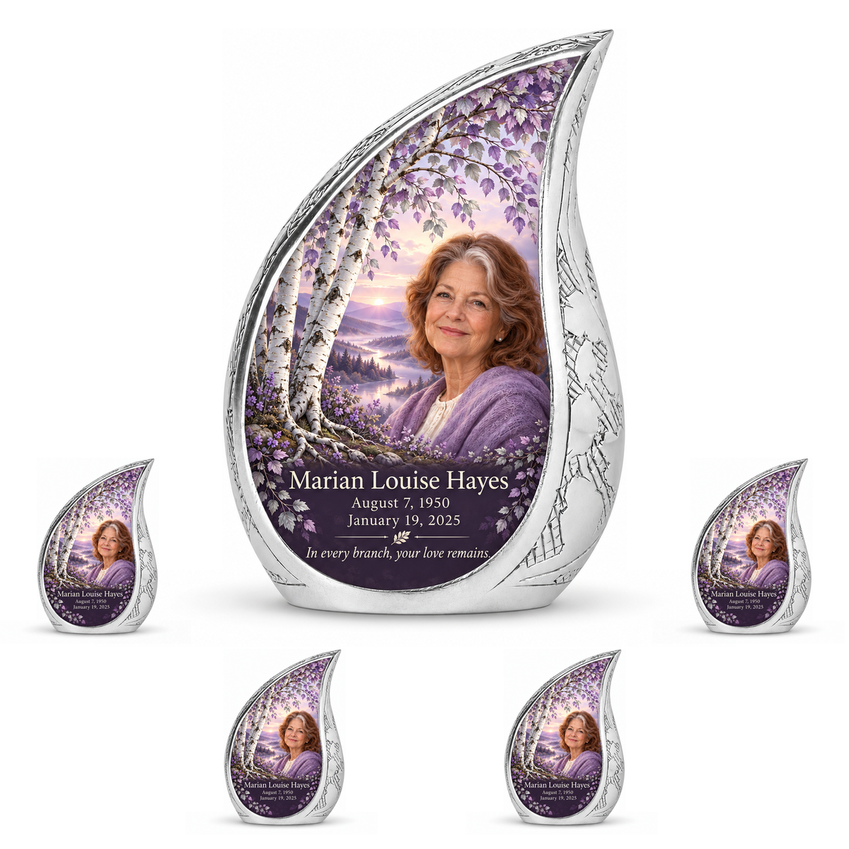 Personalized Tree of Life Curved Drop urn, 10 inch large Urn with 4 Keepsake 3 Inch Urns; matching example portrait and full memorial dates