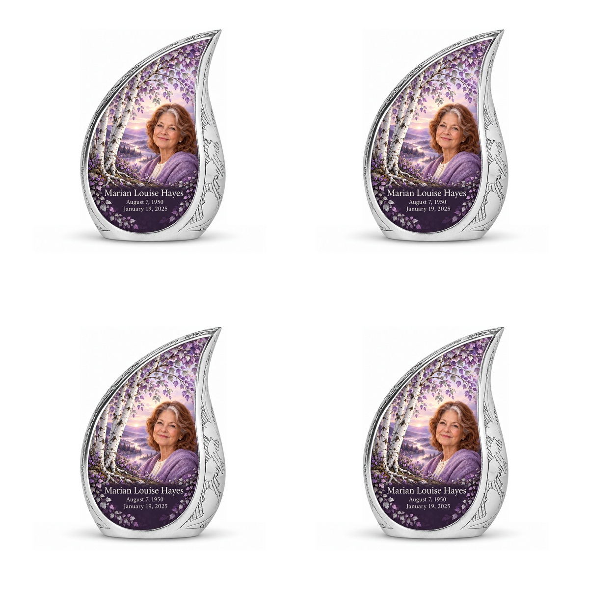 Personalized Tree of Life Curved Drop urn, 4 Keepsake 3 inch Urns; matching example portrait and full memorial dates