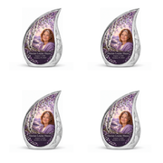 Personalized Tree of Life Curved Drop urn, 4 Keepsake 3 inch Urns; matching example portrait and full memorial dates