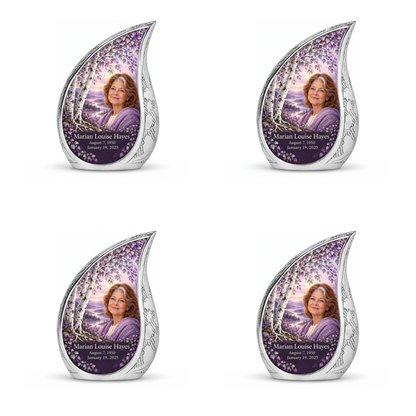 Personalized Tree of Life Curved Drop urn, 4 Keepsake 3 inch Urns; matching example portrait and full memorial dates