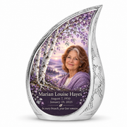 Personalized lavender birch Tree of Life Curved Drop urn, 10 inch large Urn; fictional portrait example