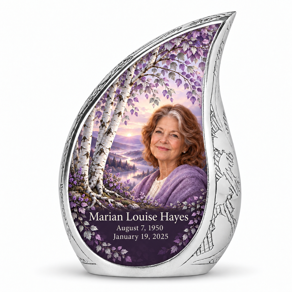 Personalized lavender birch Tree of Life Curved Drop urn, 1 Keepsake 3 inch Urn; fictional portrait example