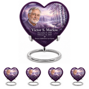Personalized Tree of Life Heart urn, 10 inch large Urn with 4 Keepsake 3 Inch Urns; matching example portrait and full memorial dates