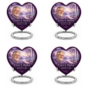 Personalized Tree of Life Heart urn, 4 Keepsake 3 inch Urns; matching example portrait and full memorial dates