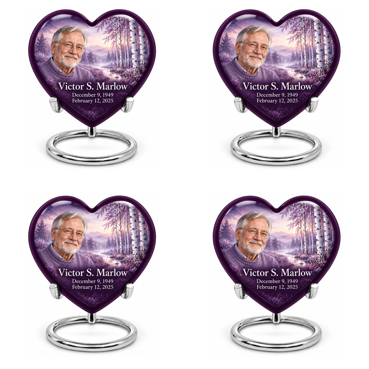 Personalized Tree of Life Heart urn, 4 Keepsake 3 inch Urns; matching example portrait and full memorial dates