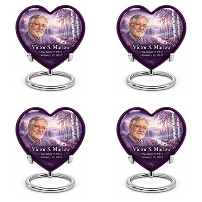 Personalized Tree of Life Heart urn, 4 Keepsake 3 inch Urns; matching example portrait and full memorial dates