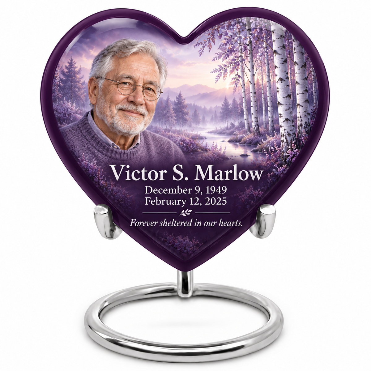 Personalized lavender birch Tree of Life Heart urn, 10 inch large Urn; fictional portrait example