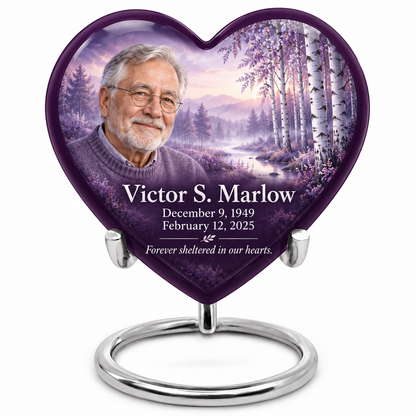 Personalized lavender birch Tree of Life Heart urn, 10 inch large Urn; fictional portrait example