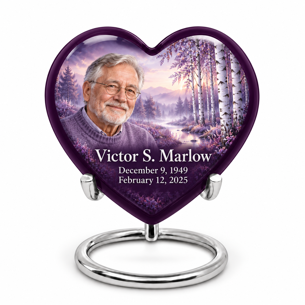 Personalized lavender birch Tree of Life Heart urn, 1 Keepsake 3 inch Urn; fictional portrait example