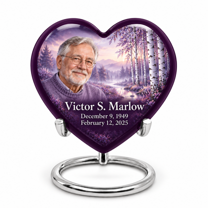 Personalized lavender birch Tree of Life Heart urn, 1 Keepsake 3 inch Urn; fictional portrait example