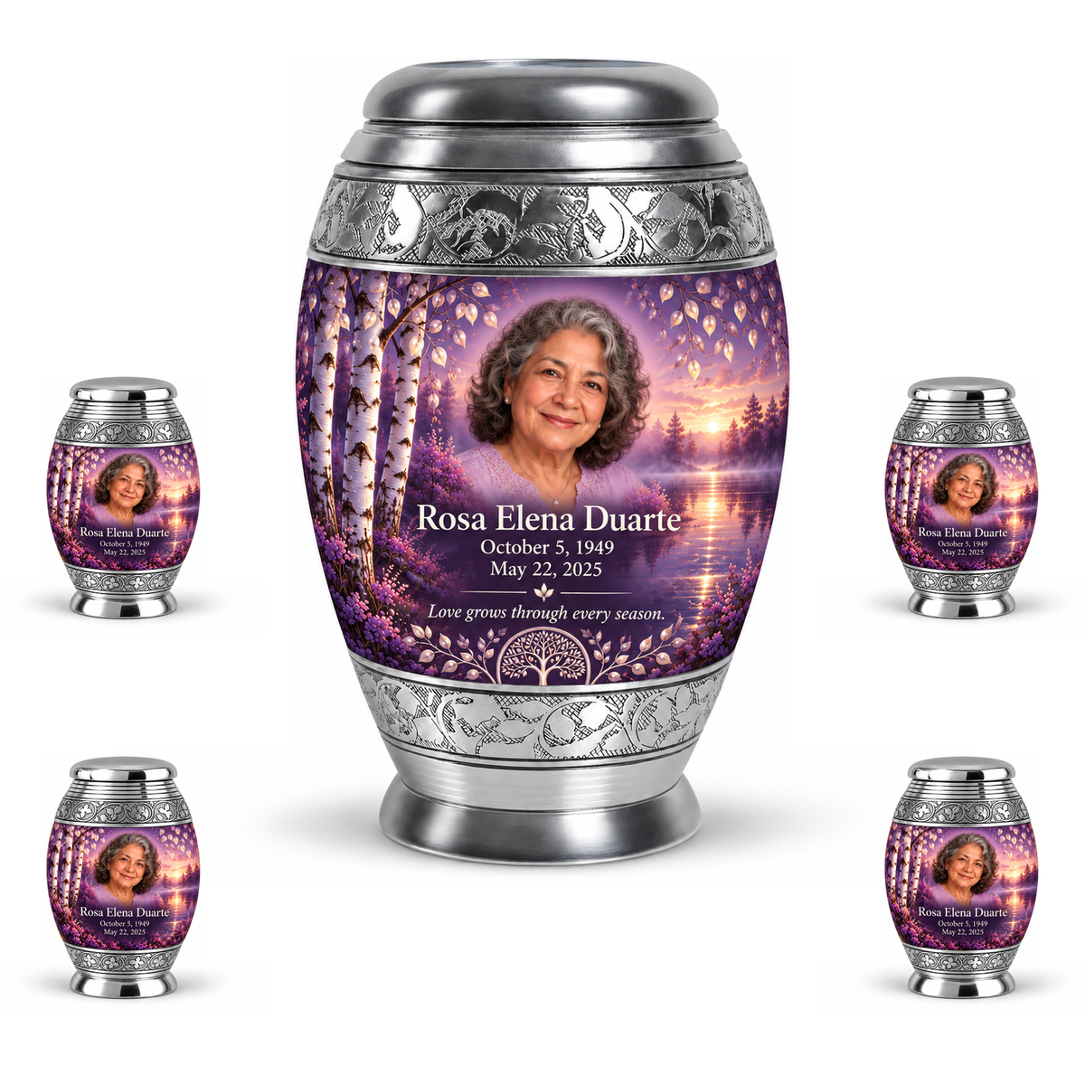 Personalized Tree of Life Monar urn, 10 inch large Urn with 4 Keepsake 3 Inch Urns; fictional portrait example