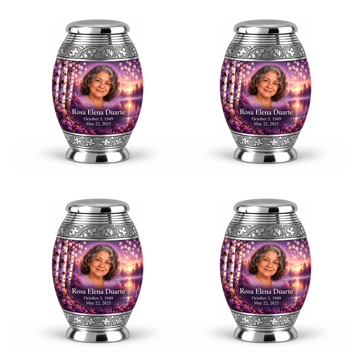 Personalized Tree of Life Monar urn, 4 Keepsake 3 inch Urns; fictional portrait example