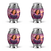 Personalized Tree of Life Monar urn, 4 Keepsake 3 inch Urns; fictional portrait example