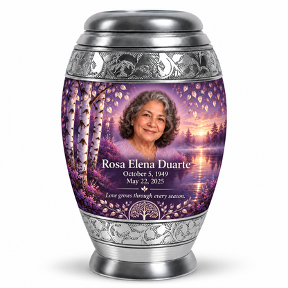 Personalized Tree of Life Monar urn, 10 inch large Urn; fictional portrait example