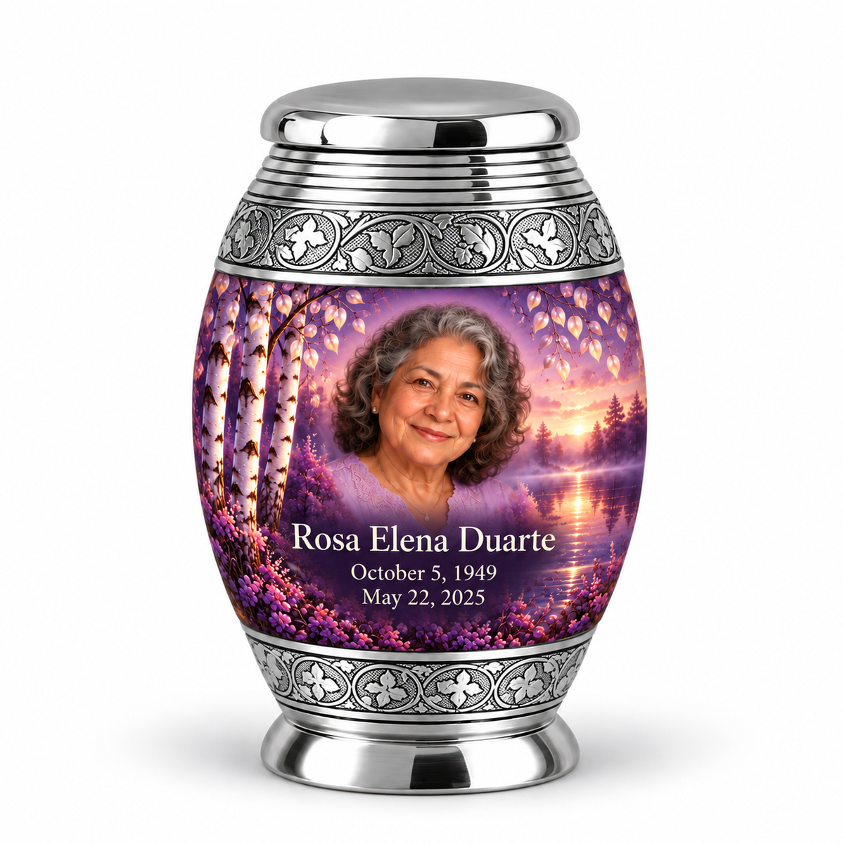 Personalized Tree of Life Monar urn, 1 Keepsake 3 inch Urn; fictional portrait example