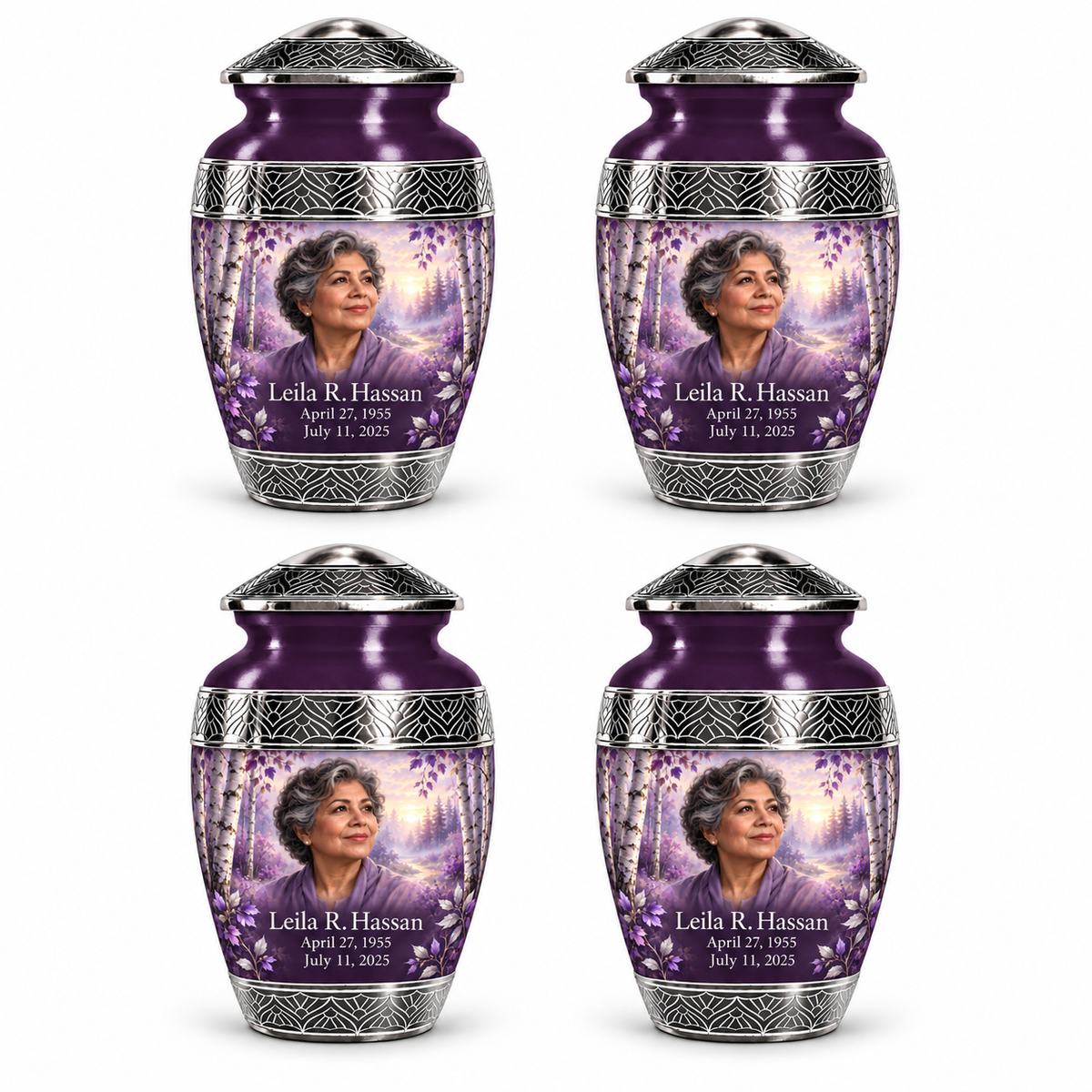 Personalized Tree of Life Premium Classic urn, 4 Keepsake 3 inch Urns; fictional portrait example