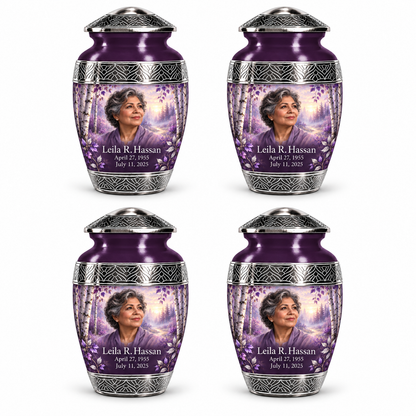 Personalized Tree of Life Premium Classic urn, 4 Keepsake 3 inch Urns; fictional portrait example