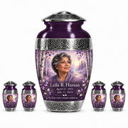 Personalized Tree of Life Premium Classic urn, 10 inch large Urn with 4 Keepsake 3 Inch Urns; fictional portrait example