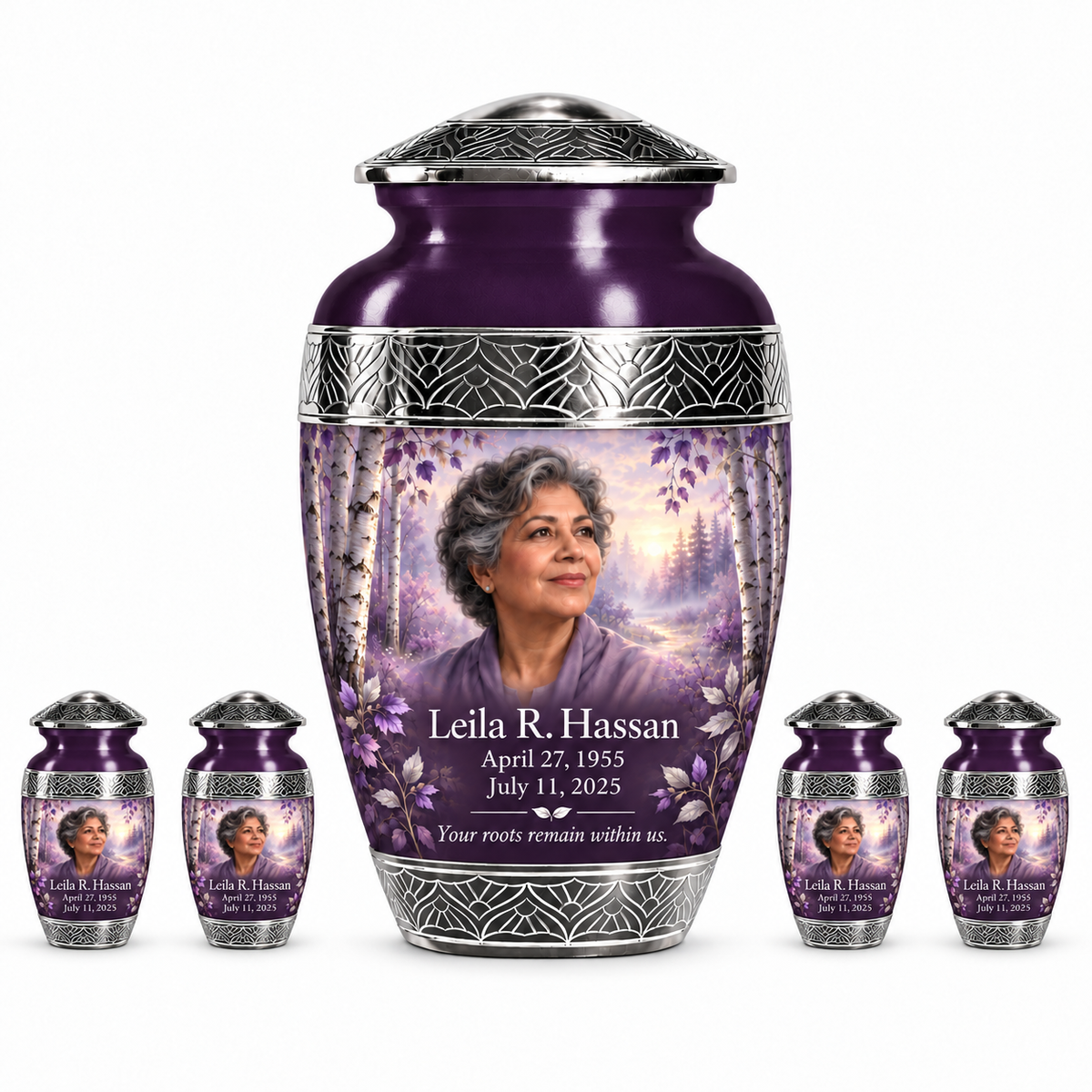 Personalized Tree of Life Premium Classic urn, 10 inch large Urn with 4 Keepsake 3 Inch Urns; fictional portrait example