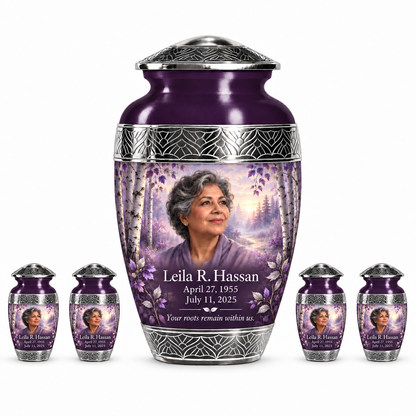 Personalized Tree of Life Premium Classic urn, 10 inch large Urn with 4 Keepsake 3 Inch Urns; fictional portrait example