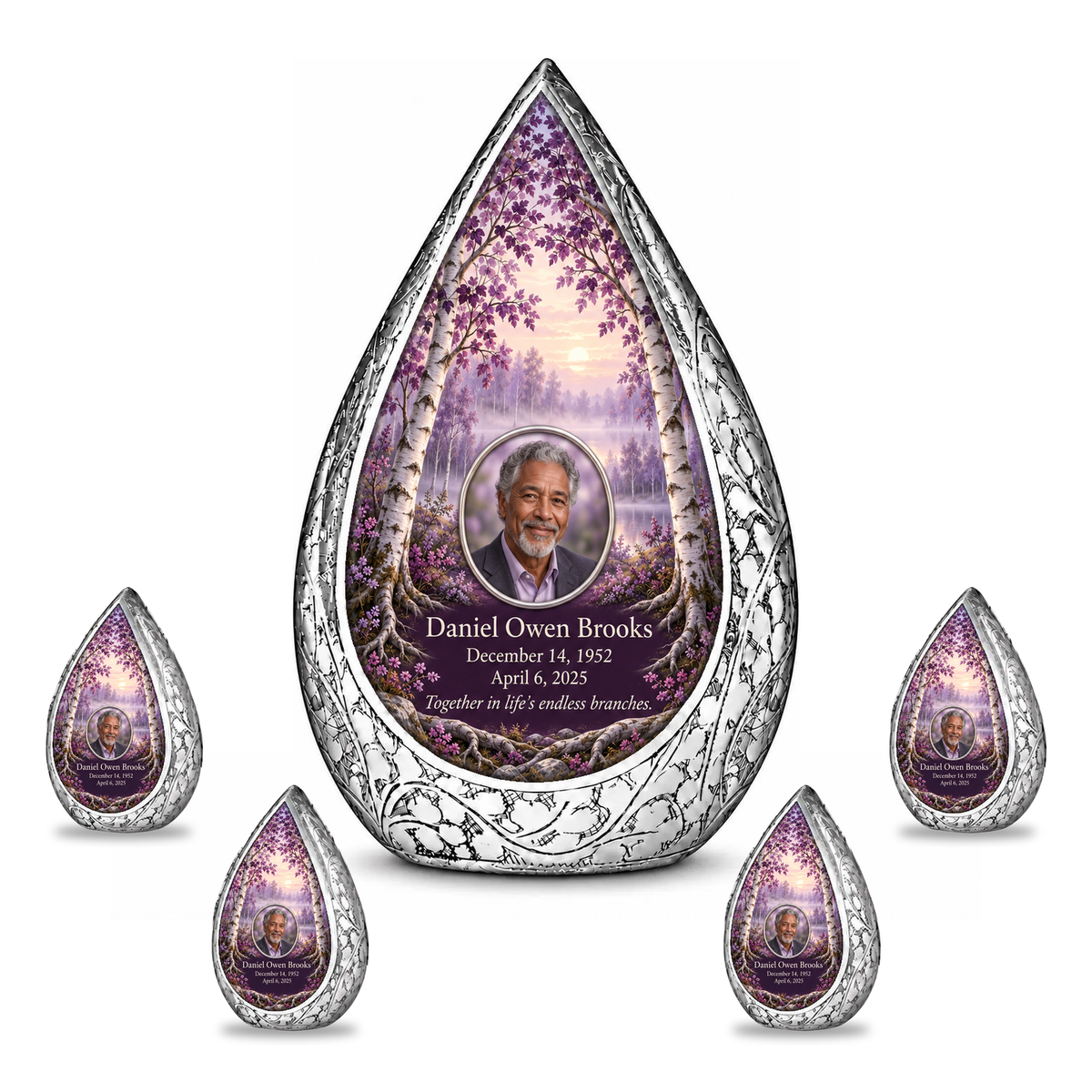 Personalized Tree of Life Straight Drop urn, 10 inch large Urn with 4 Keepsake 3 Inch Urns; matching example portrait and full memorial dates